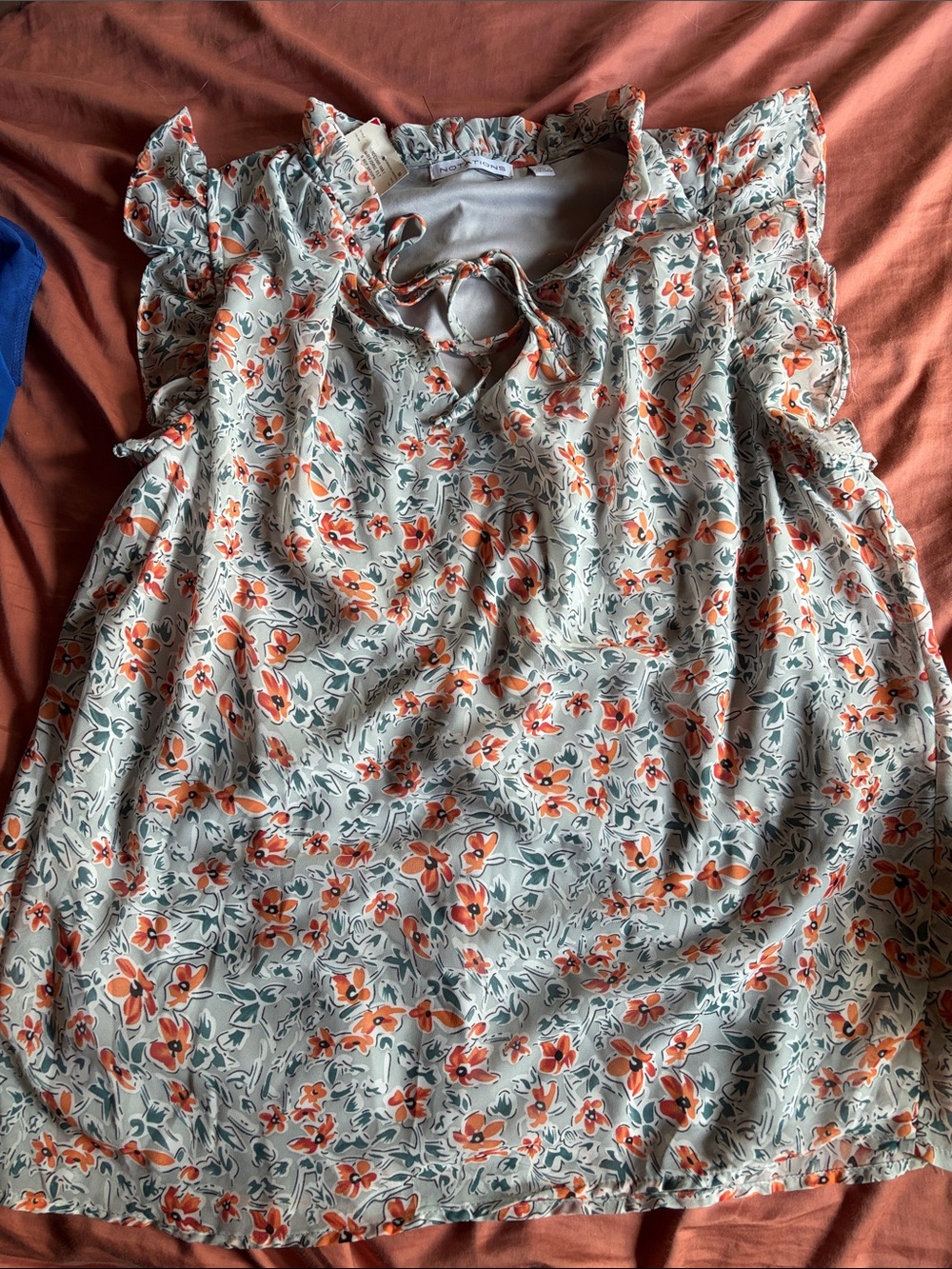 Notations Floral Ruffled Sleeve Blouse in Light Blue and Orange